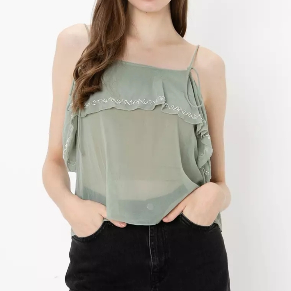 Zara Sea Foam Green Sheer Ruffle‎ Tie Embroidered Women's Top